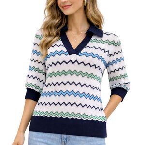 Talbots Zig Zag Print Knit Sweater S Navy White V-Neck 3/4 Sleeve Stretch Preppy